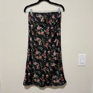 Nordstrom Black Satin Floral Midi Skirt size XS
